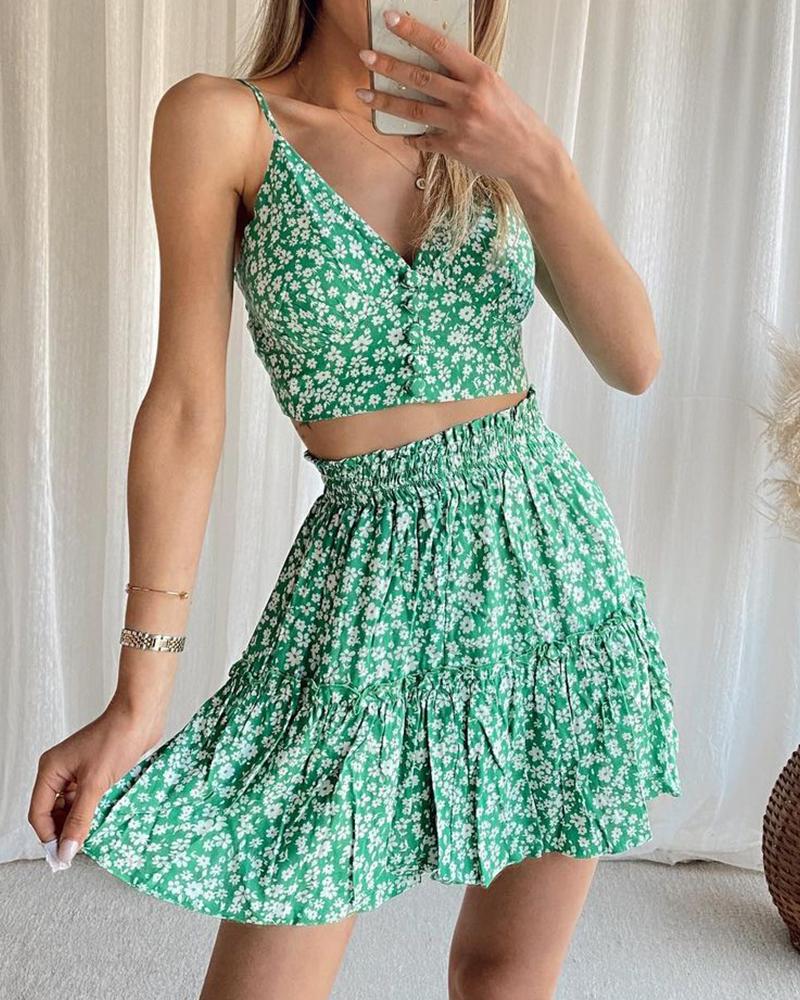 

Ditsy Floral Print Button Design Top & Frill Hem Skirt Set, Green