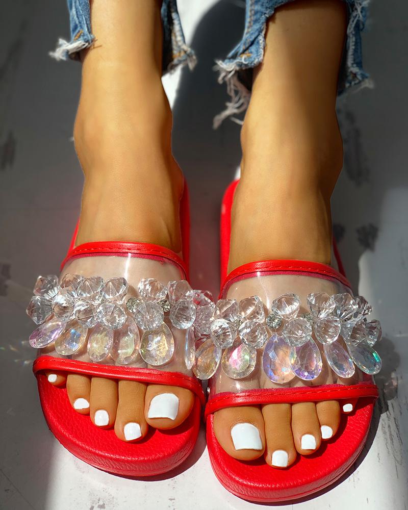 

Transparent Studded Design Flat Sandals, Red