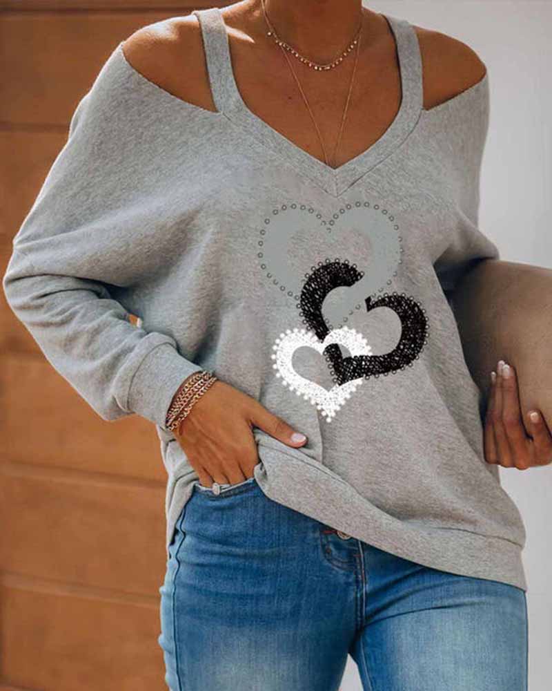 

Heart Print Long Sleeve Cut-out Sweatshirts, Gray