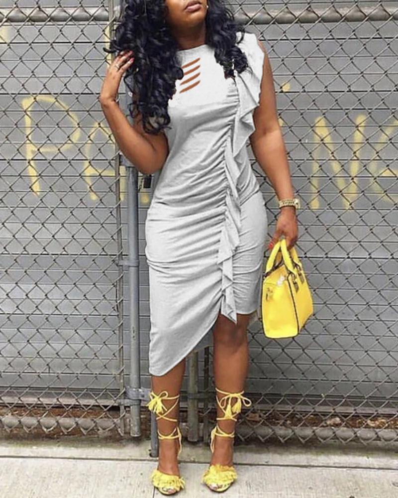 

Cut Out Ruffles Ruched Irregular Bodycon Dress, Gray
