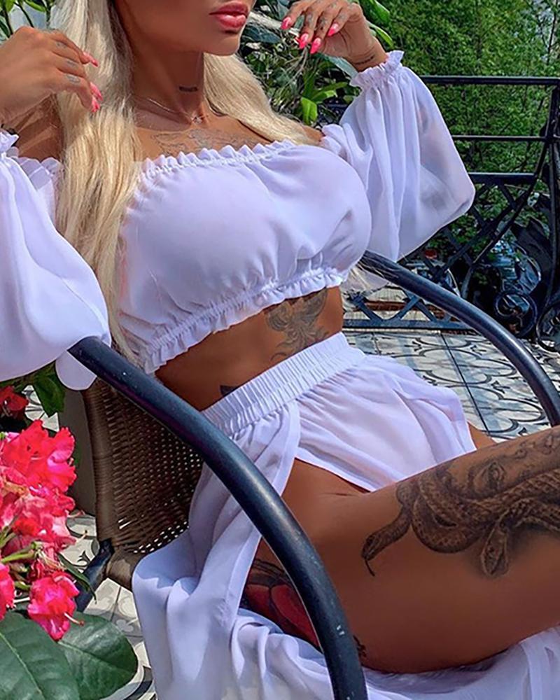 

Off Shoulder Lantern Sleeve Top & High Slit Skirt Set, White