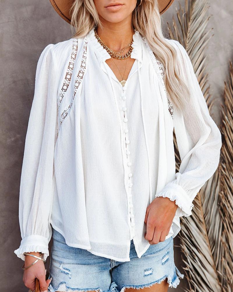 

Contrast Lace Long Sleeve Button Design Shirt, White