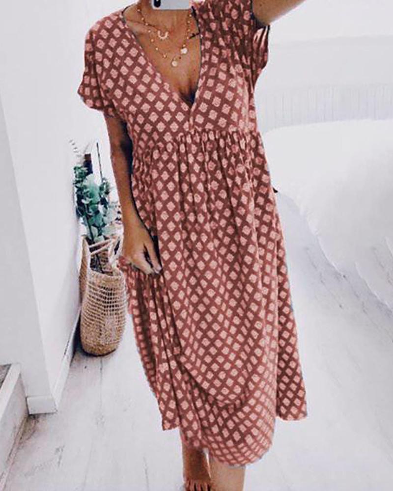 

Retro Print Pocket Design Plunge Casual Women Dress, Red