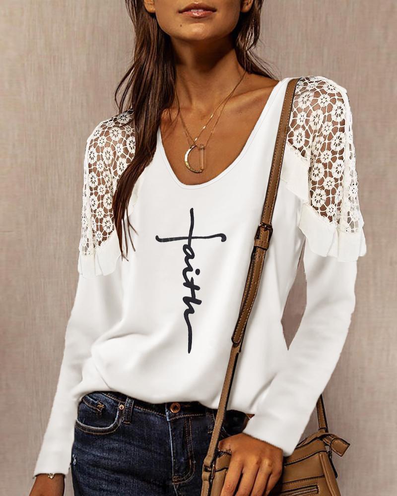 

Letter Print Ruffle Hem Floral Lace Top, White