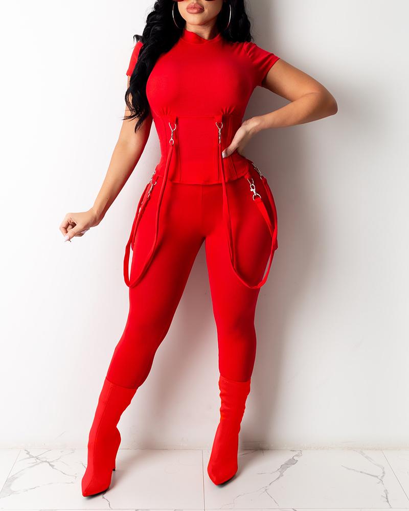

Plain Mock-Neck Skinny Top & Pants Set, Red