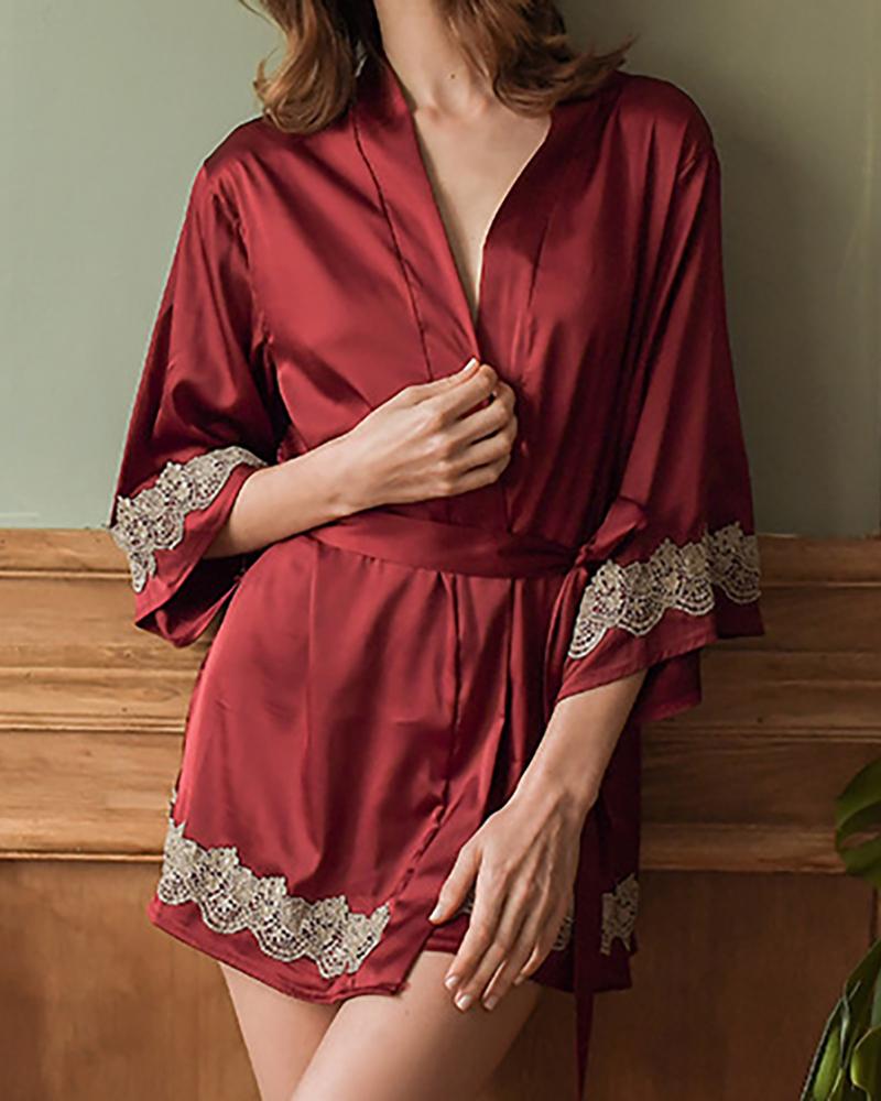 

Guipure Lace Satin Robe With Belt, Wine red