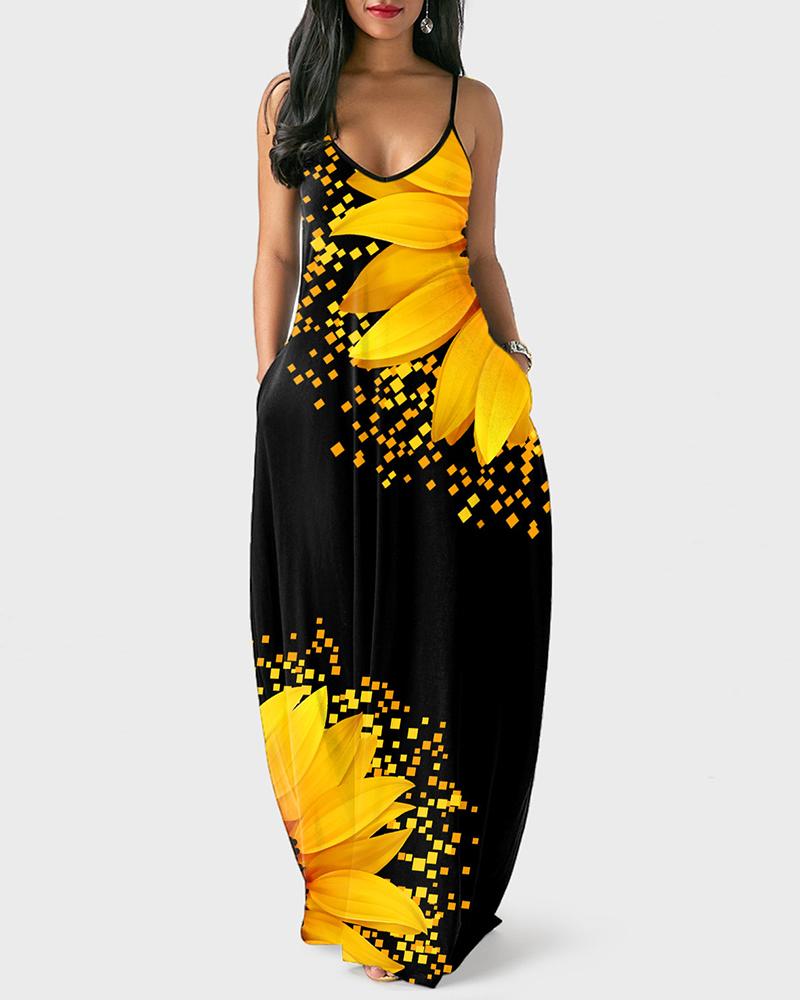 

Floral Print Spaghetti Strap Maxi Dress, Black