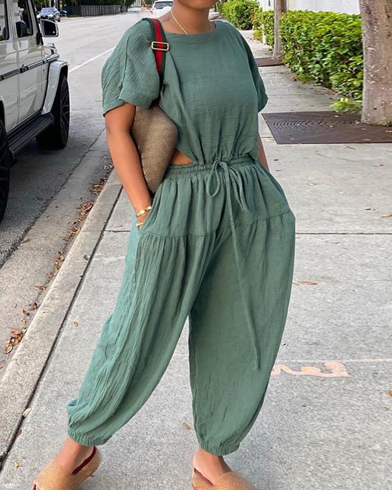 

Solid Drawstring Cutout Short Sleeve Jumpsuit, Green