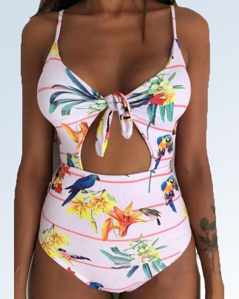 

Print Tied Lace-Up Back One Piece Swimsuit, White