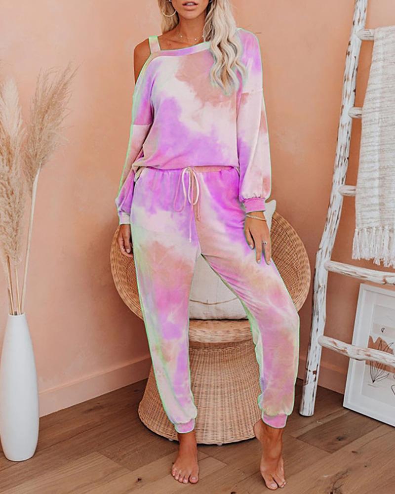 

One Shoulder Tie Dye Print Pajamas Set, Purple