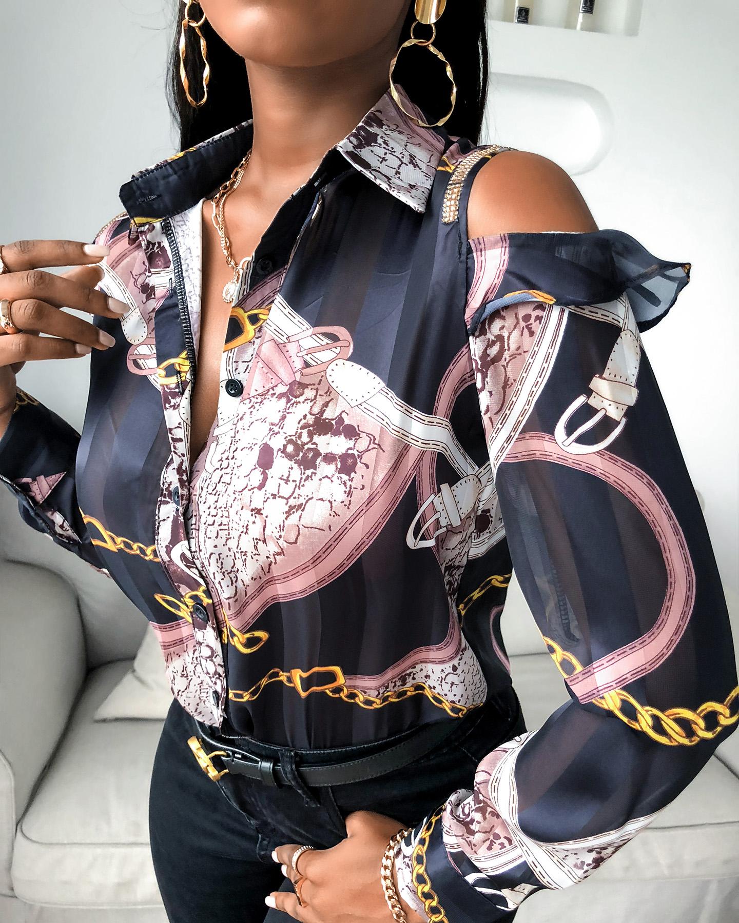 

Scarf Chain Print Cold Shoulder Ruffles Shirt, Black