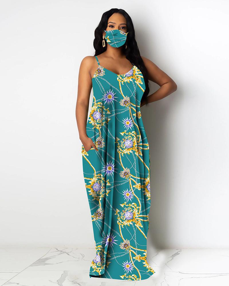 

Chain Floral Print Pocket Design Maxi Dress, Light blue