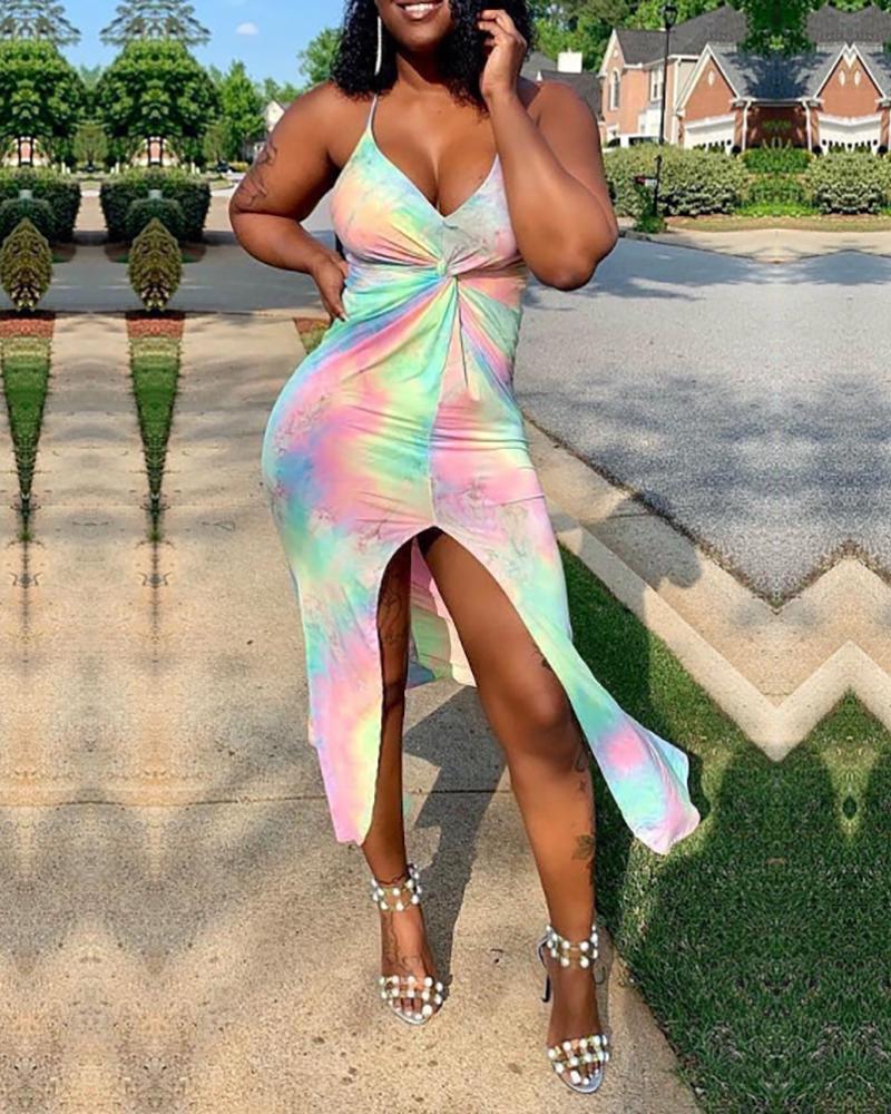 

Tie Dye Print Crisscross Backless Twisted High Slit Dress, Pink