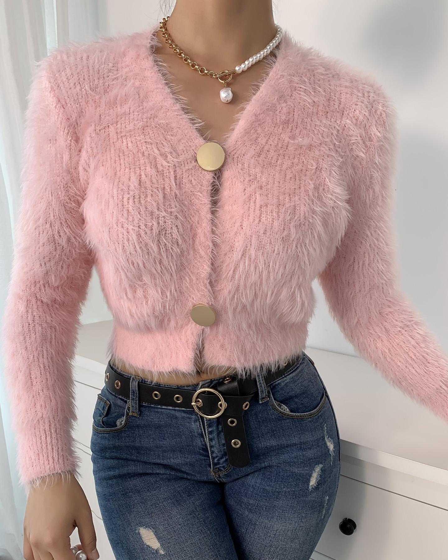 

Plain Fluffy Button Design Cardigan, Pink