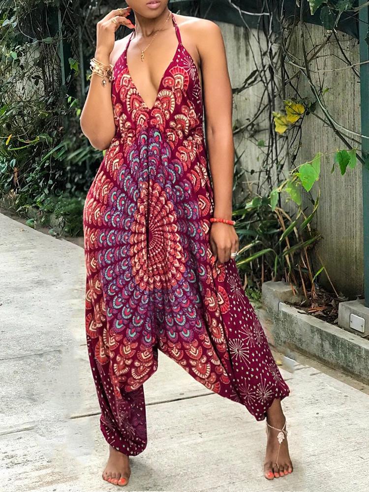 Tribal Print Plunge Backless Loose Jumpsuit