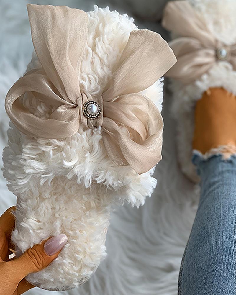 

Bowknot Beaded Fluffy Slippers, Beige