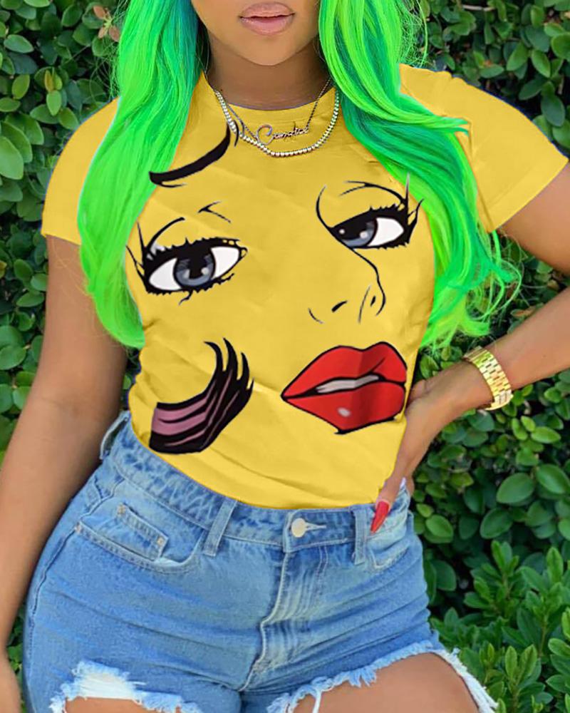 

Figure Print Short Sleeve Casual T-shirt, Yellow