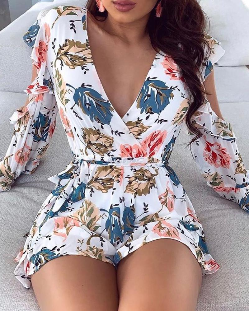 

Tropical Print Wrap Cutout Long Sleeve Romper, White
