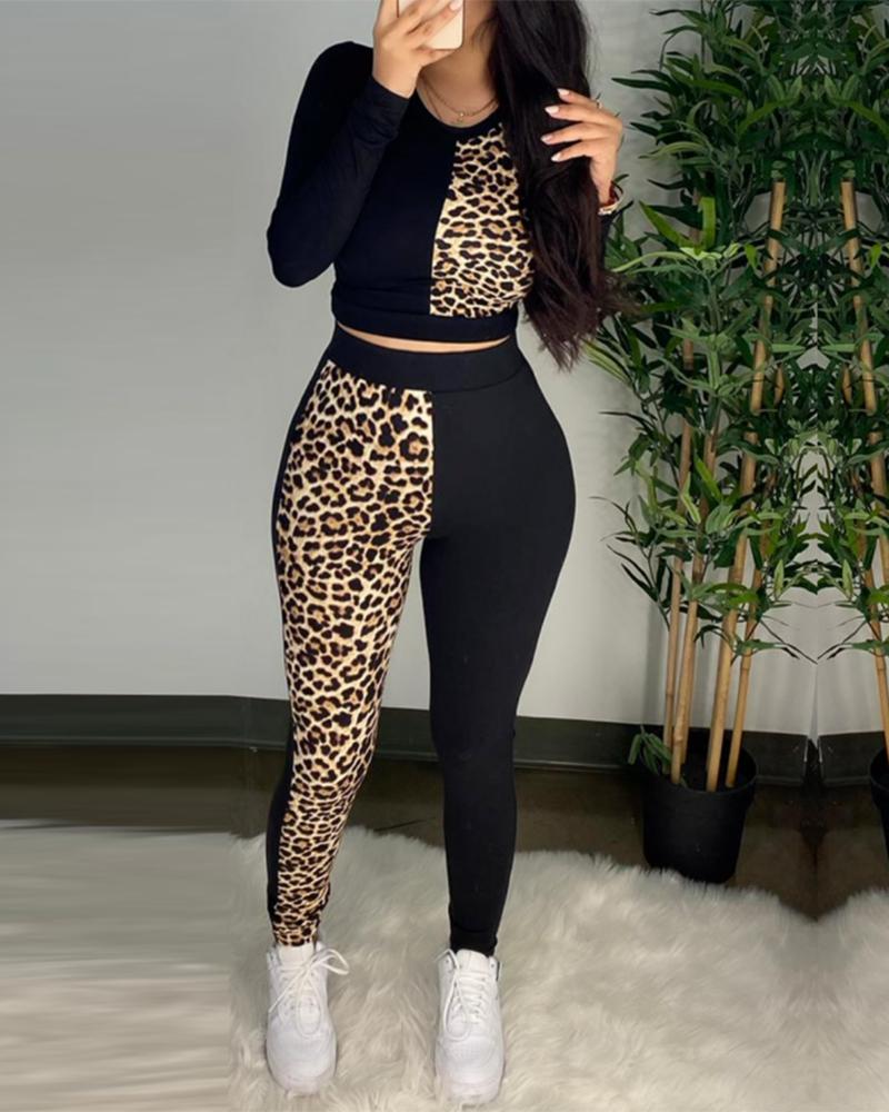 

Cheetah Print Colorblock Top & High Waist Pants Set, Leopard