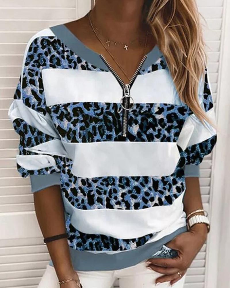 

Striped Splicing Leopard Print Long Sleeve Blouse, Blue