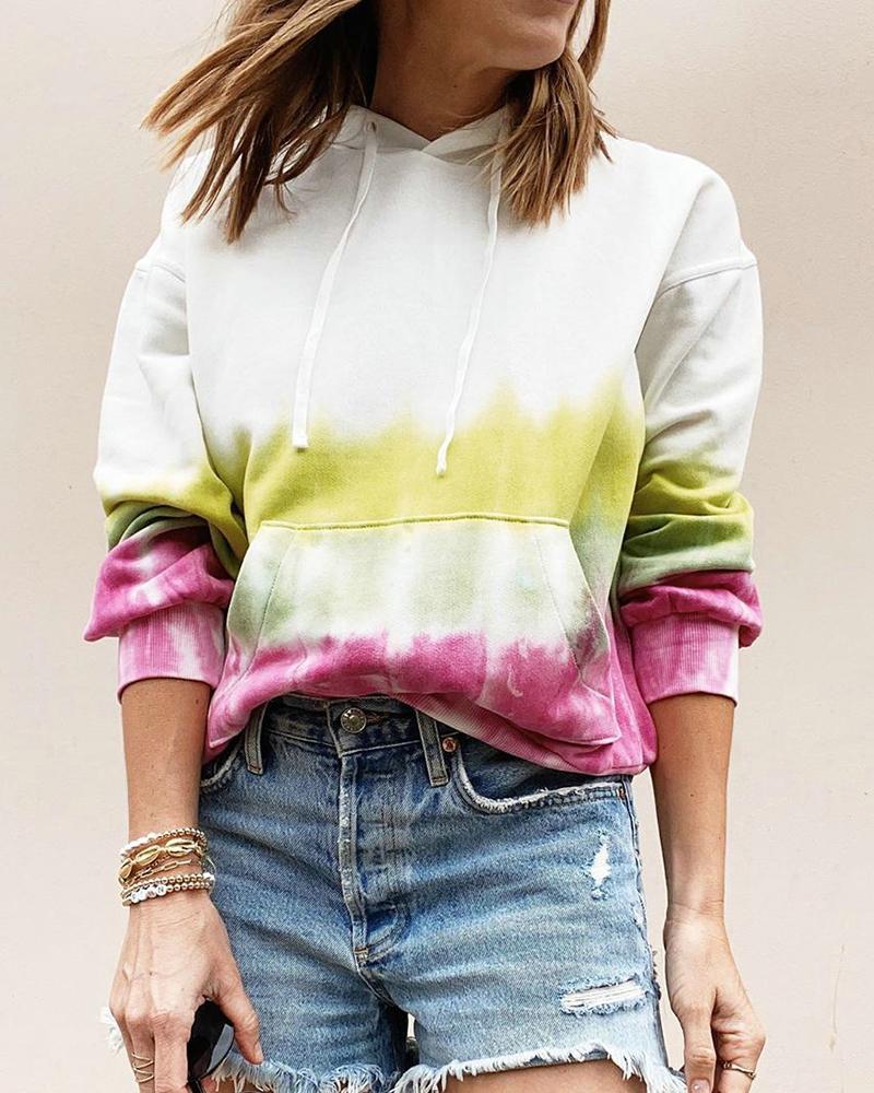 

Tie Dye Print Colorblock Pocket Design Hoodie, Yellow