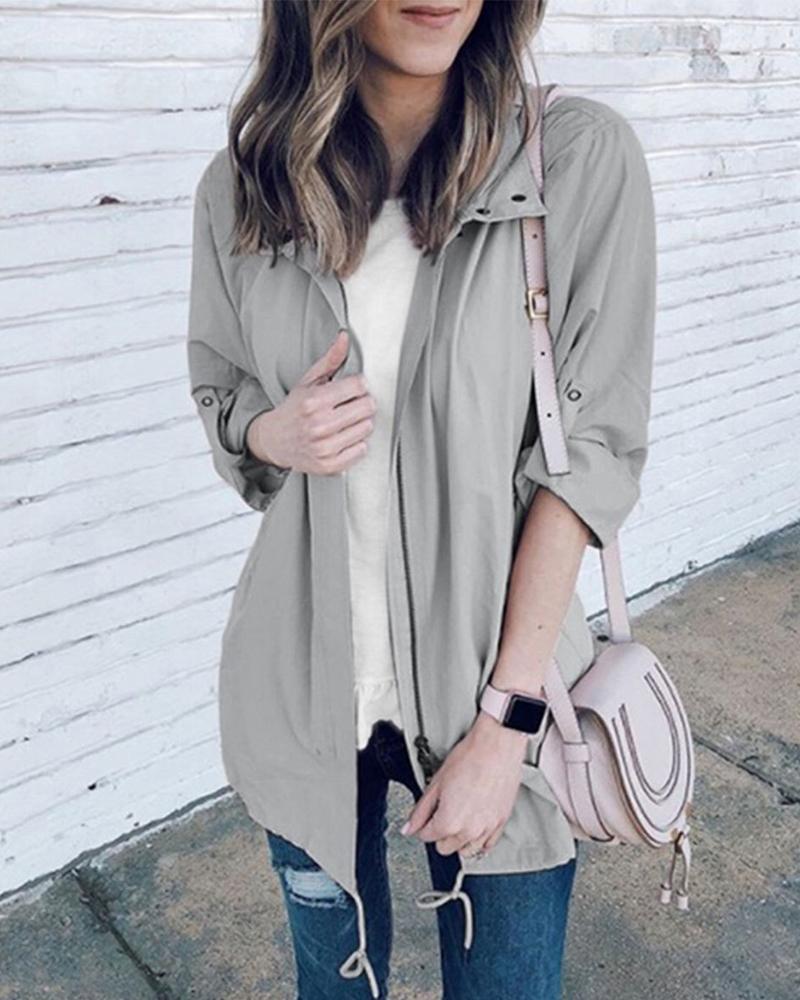 

Solid Turn-down Collar Zipper Design Coat, Gray