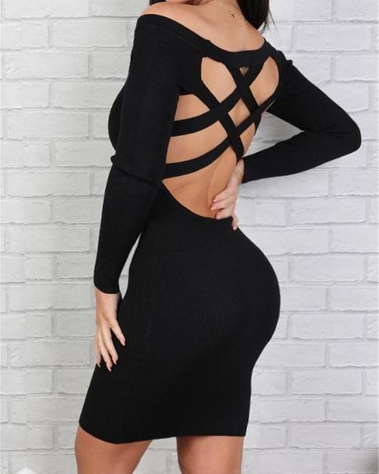 

Crisscross Back Boat Shoulder Bodycon Dress, Black