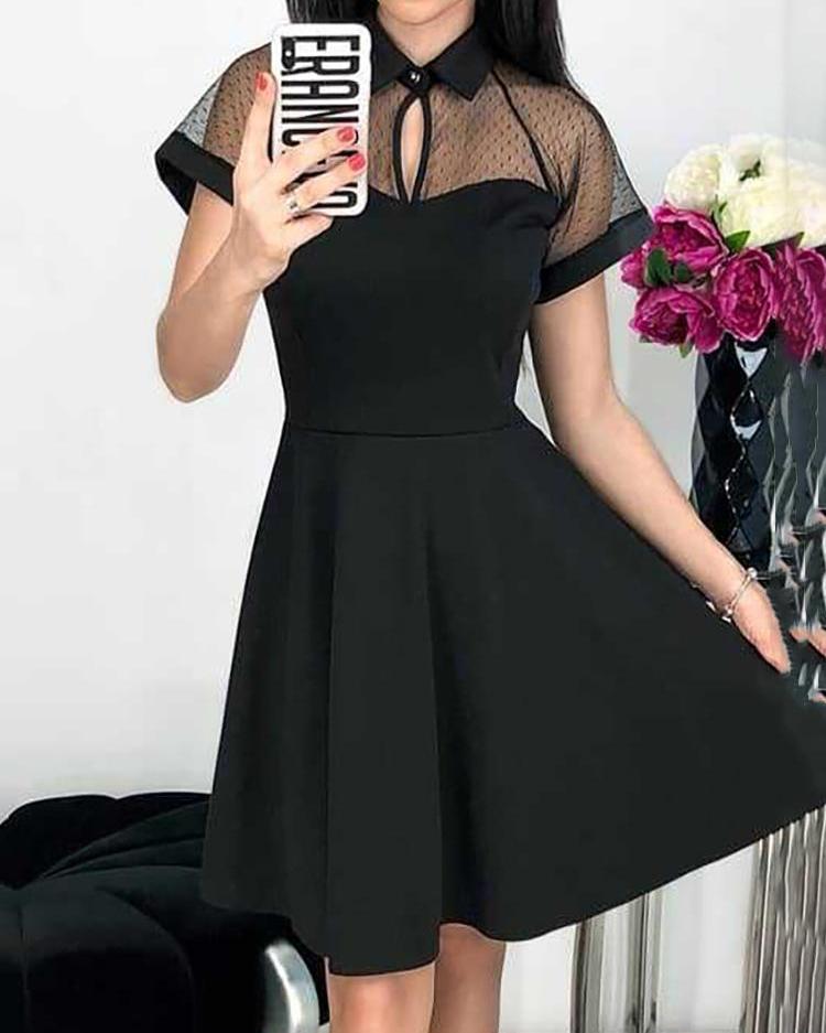 

Mesh Yoke Short Sleeve Casual Women Dress, Black