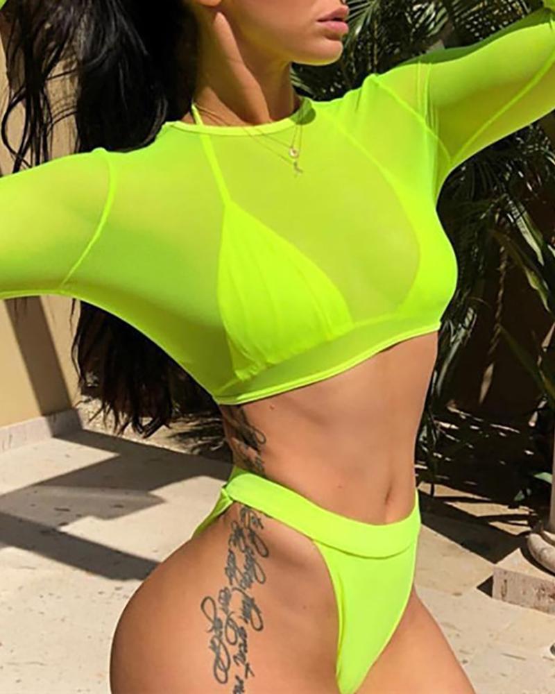 

Sheer Mesh Long Sleeve Crop Top, Green