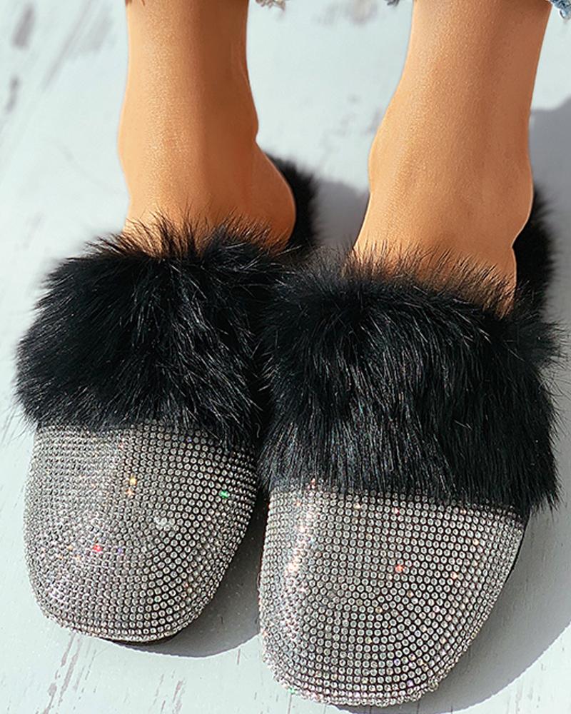 

Studded Square Toe Fluffy Slipper, Black
