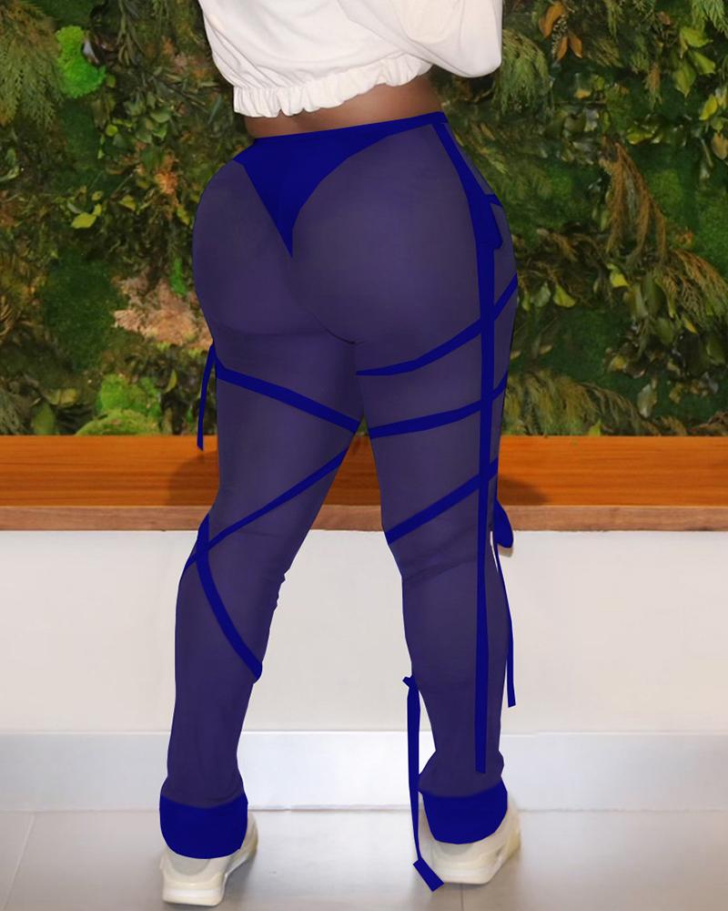 

Sheer Mesh Strappy Sporty Pants, Dark blue