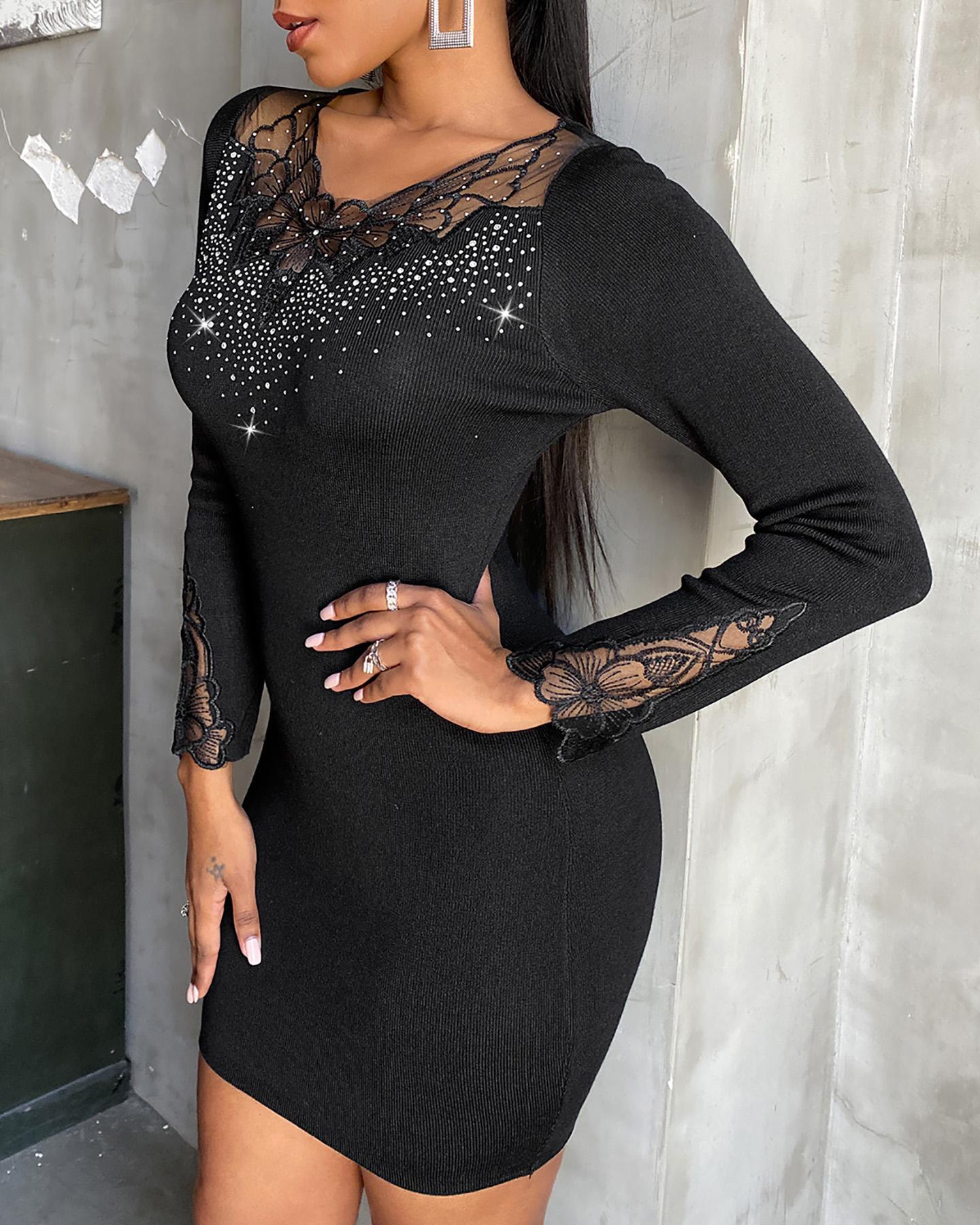 

Studded Lace Long Sleeve Bodycon Dress, Black