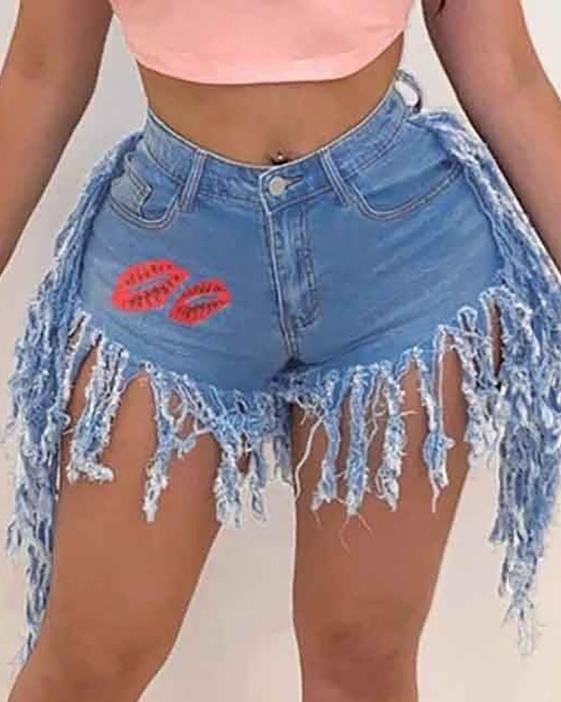 

Lip Print Fringe Hem Tassel Design Denim Jean Shorts, Blue