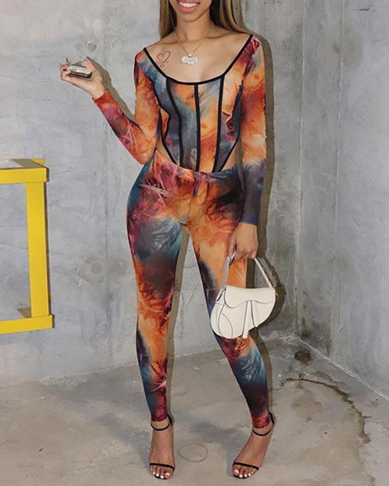 

Tie Dye Print Contrast Piping Mesh Bodysuit & Pants Set, Orange