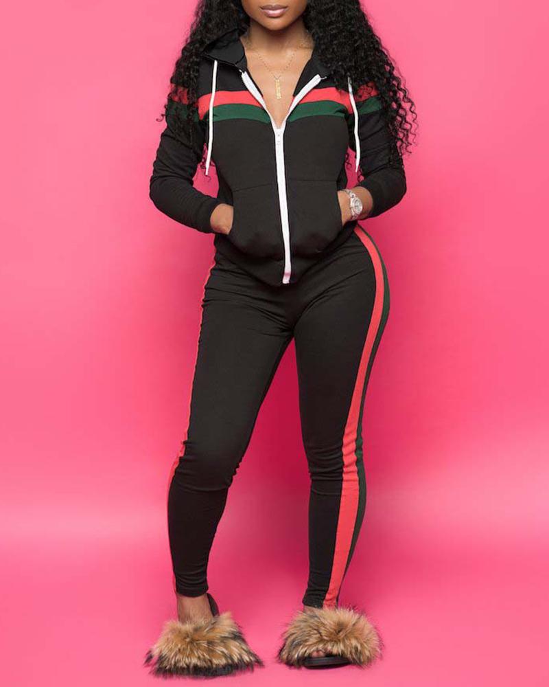 

Striped Colorblock Zip Front Hooded Top & Pants Set, Black