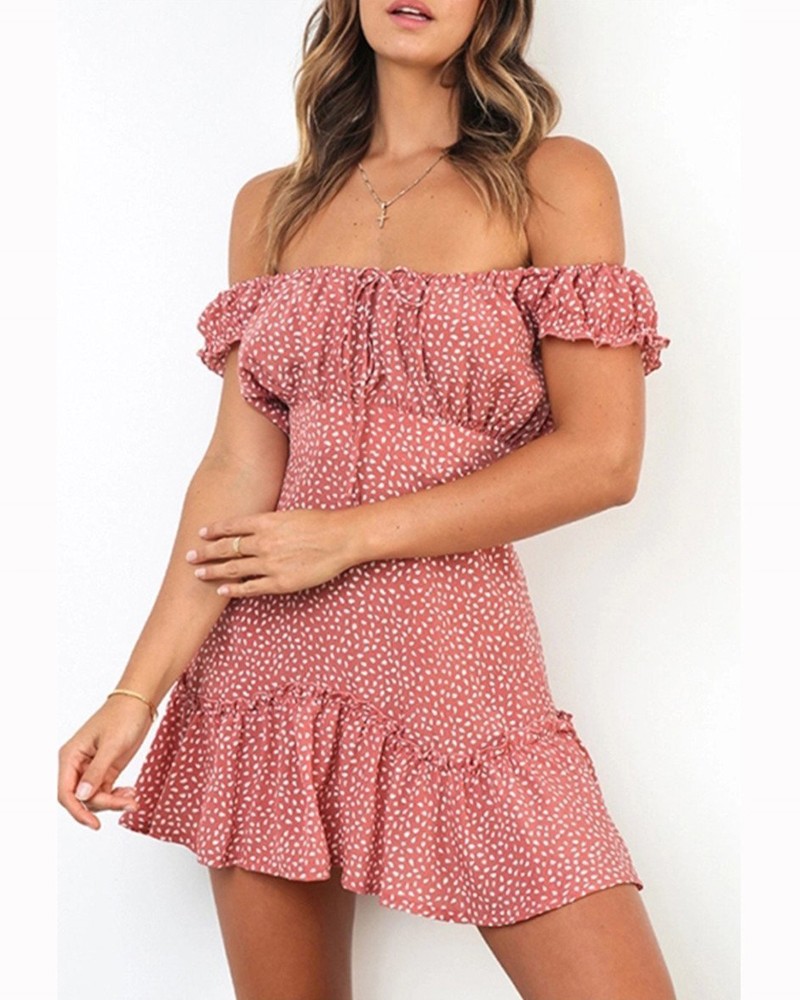 pink polka dot off the shoulder dress