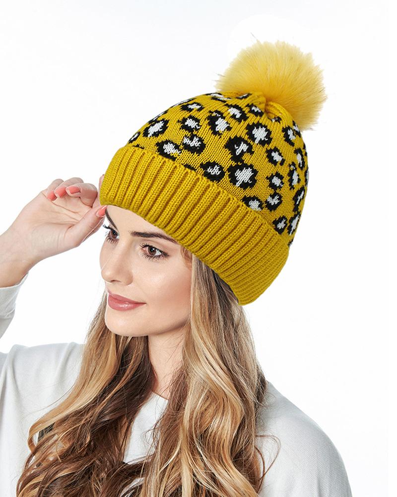 

Cheetah Print Pom Pom Decor Beanie, Yellow