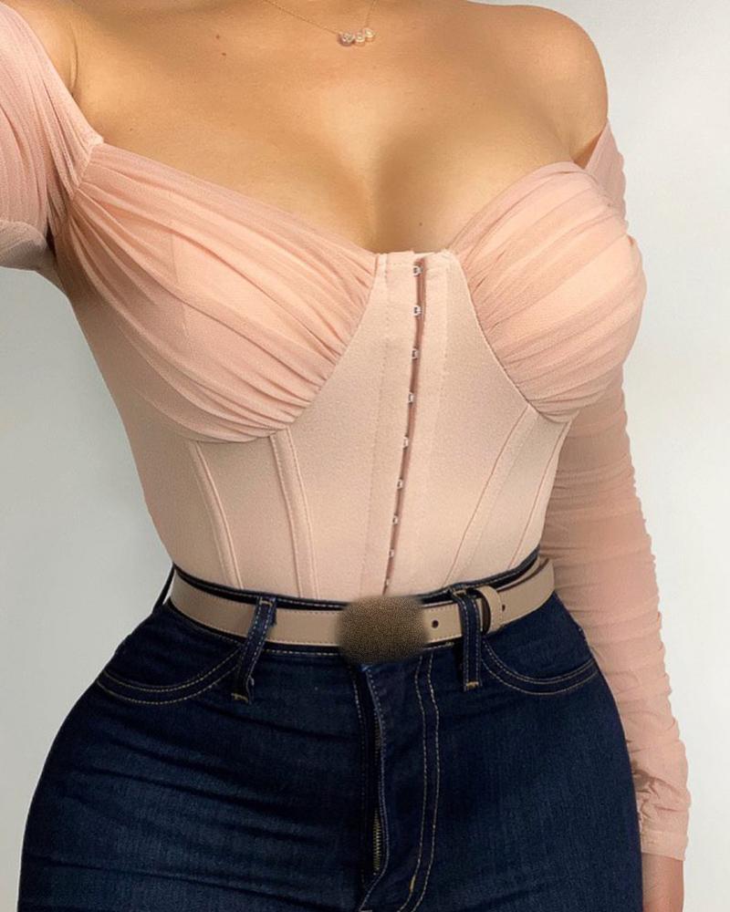 

Off Shoulder Sheer Mesh Skinny Top, Pink