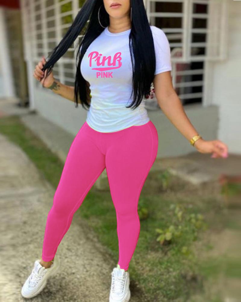 

Letter Print Short Sleeve Top & Plain Pants Set, Hot pink