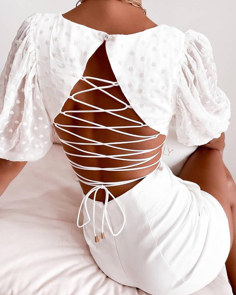 

Lace-up Swiss Dot Lantern Sleeve Top, White