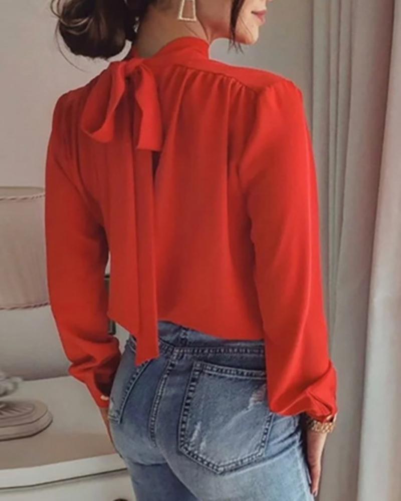

Plain Tie Neck Long Sleeve Blouse, Red