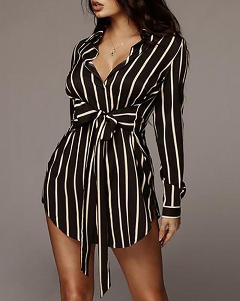 

Striped Tied Waist Shirt Dress, Black