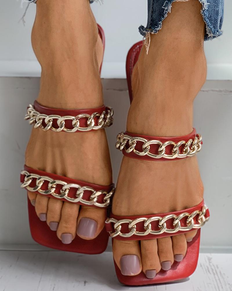 

Chain Strap Square Toe Mule Sliders, Red