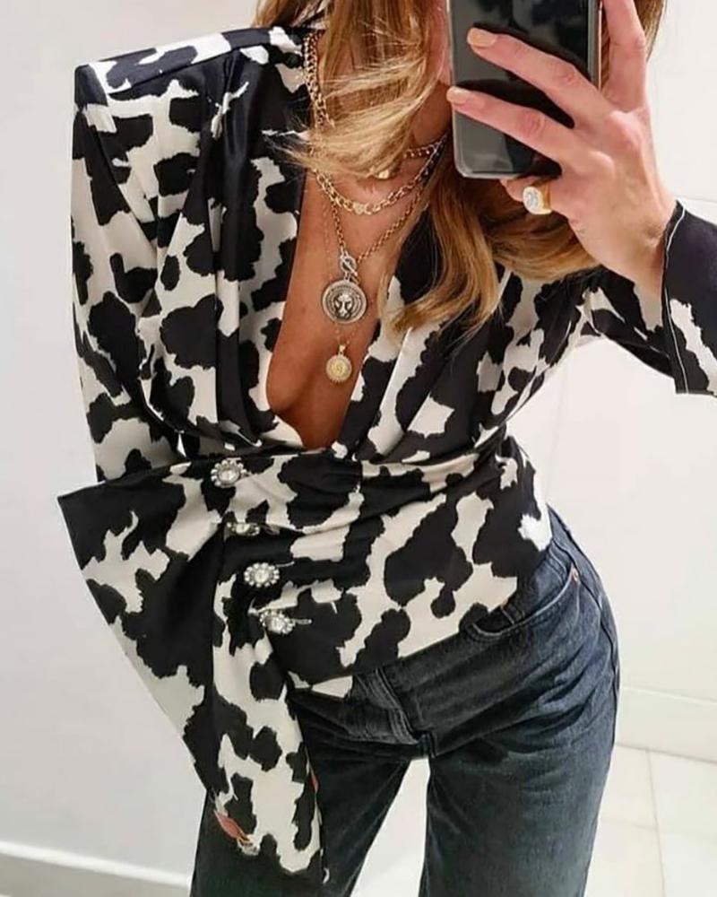 

Animal Print Plunge Long Sleeve Shirt, Black