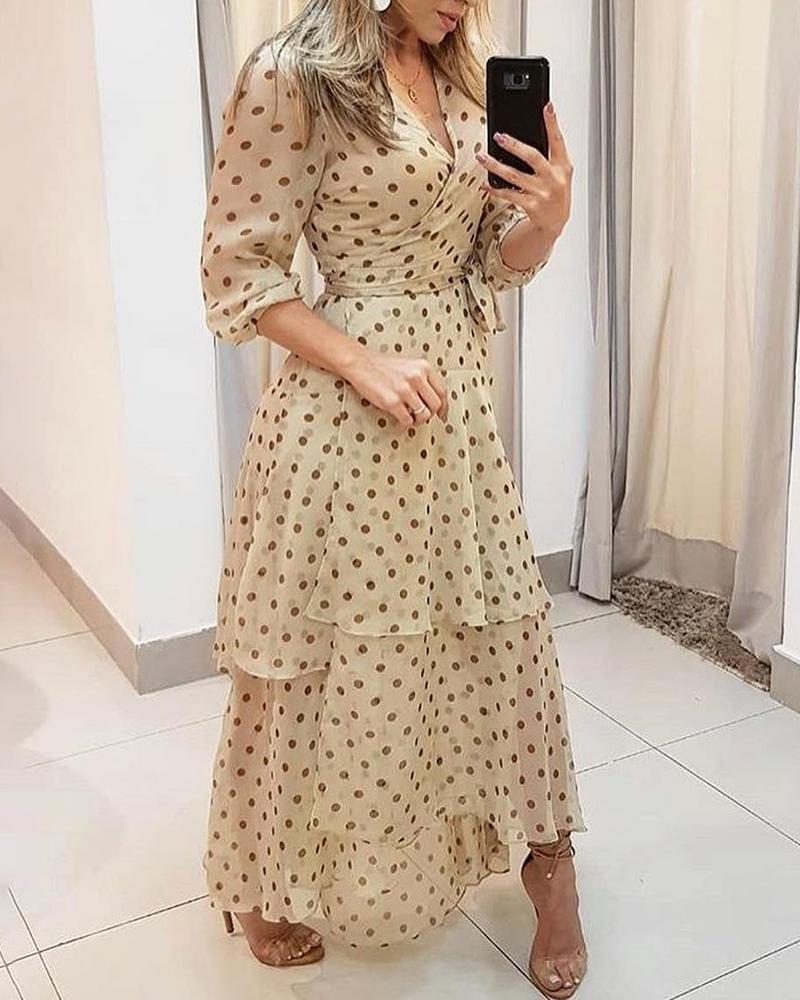

Polkadot Print Layered Ruffles Maxi Dress, Beige