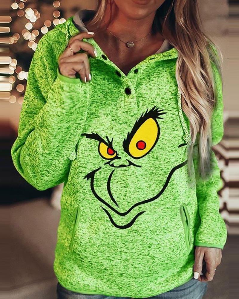 

Christmas Cartoon Print Button Pocket Design Hoodie, Green