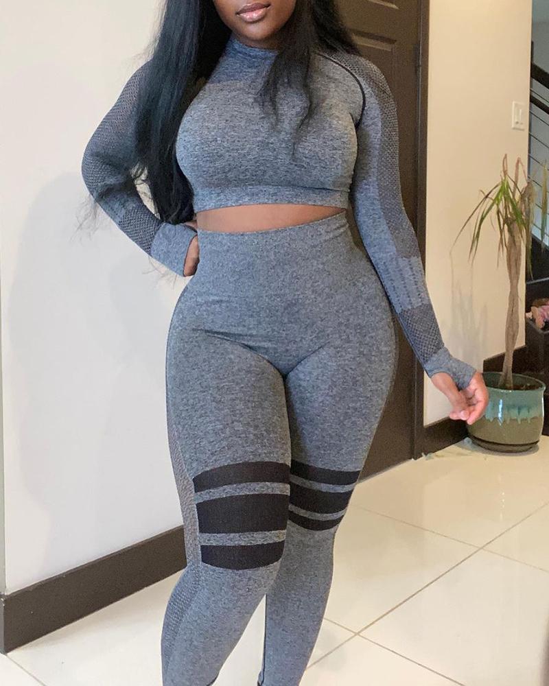 

Striped Round Neck Long Sleeve Top & Pants, Gray