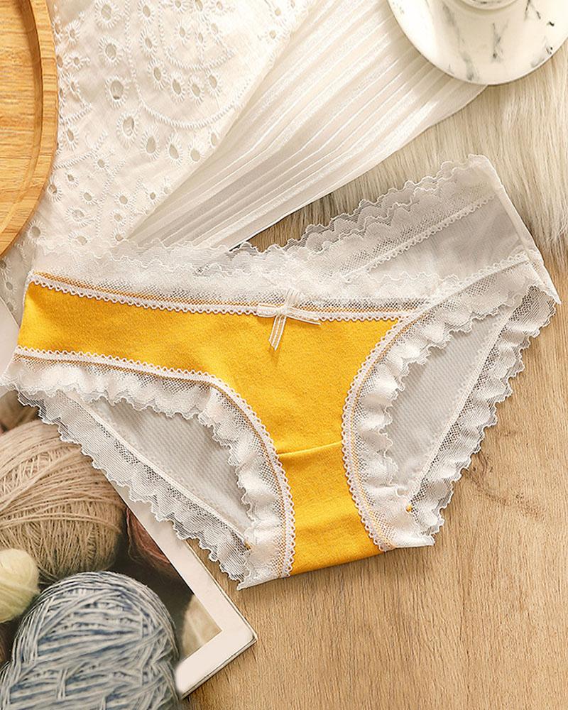 

Lace Trim Bowknot Front Sheer Mesh Panty, Yellow