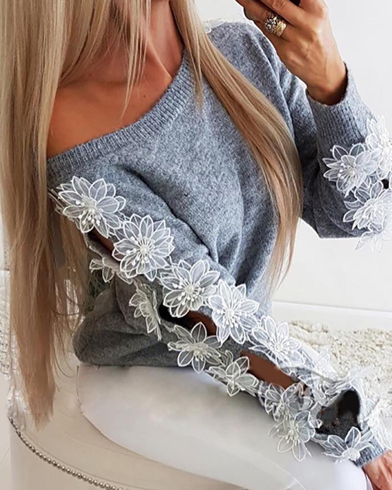

Floral Pattern Fluffy Cutout Long Sleeve Sweater, Gray