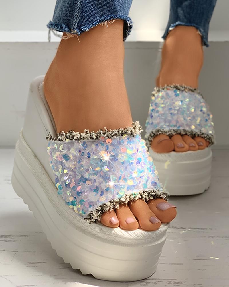 

Peep Toe Sequins Fringe Hem Wedge Heeled Sandals, White